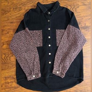 Black Denim Leopard Oversized Shacket Animal Print Shirt Jacket with Pockets